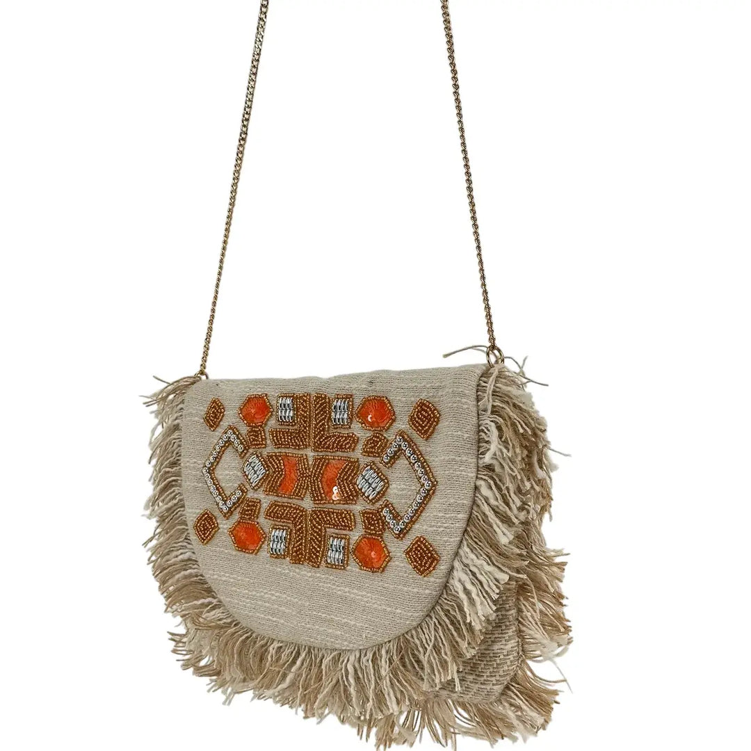 Bassini Borsa Donna Pochette in Cordura Beige con Perline Arancio sulla Patta e Tracolla Catena Oro