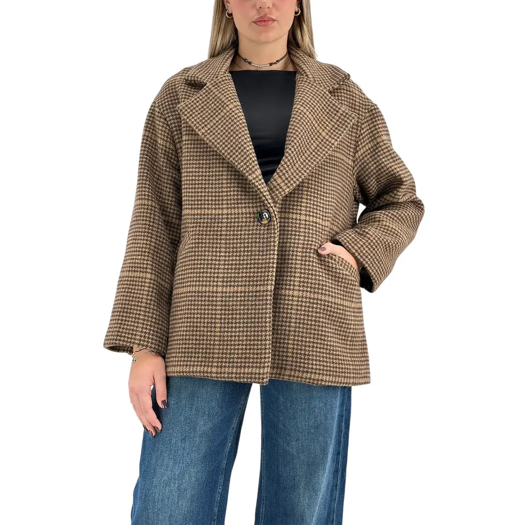 Bassini Cappottino Donna Corto Marrone Pied de Poule Oversize con Un Bottone