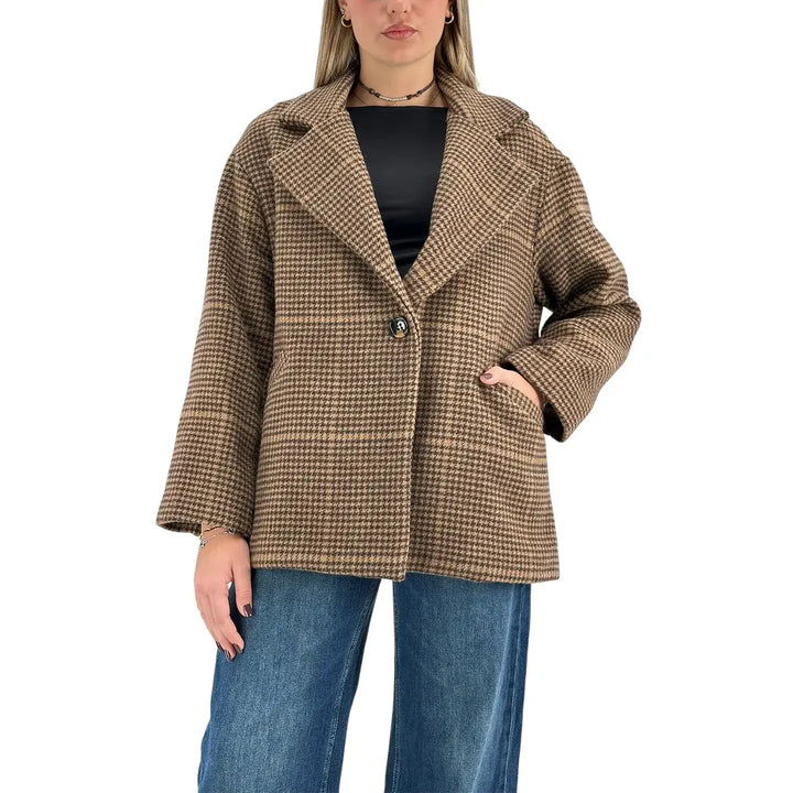Bassini Cappottino Donna Corto Marrone Pied de Poule Oversize con Un Bottone