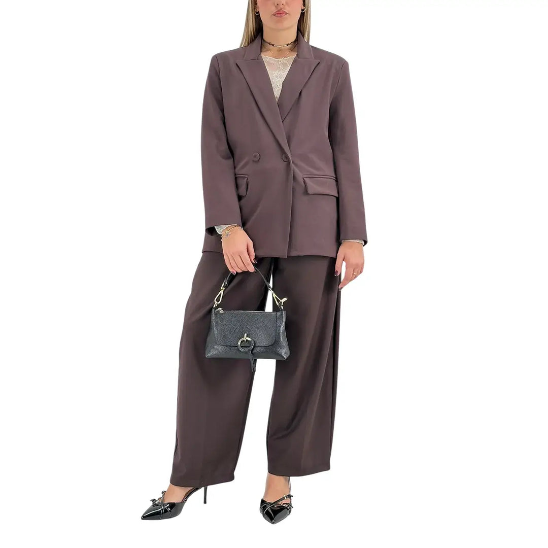 Bassini Pantaloni Donna Cioccolato Sartoriali a Gamba Larga con Doppia Pince e Tasche a Filo