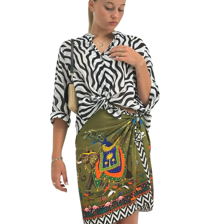 Motel Camicia Donna Zebra in Cotone con Collo Coreano, Nodo Frontale e Maniche Tre Quarti