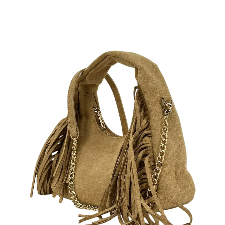 Bassini Borsa Donna in Ecopelle Albicocca a Spalla con Frange Laterali e Tracolla Catena Rimovibile