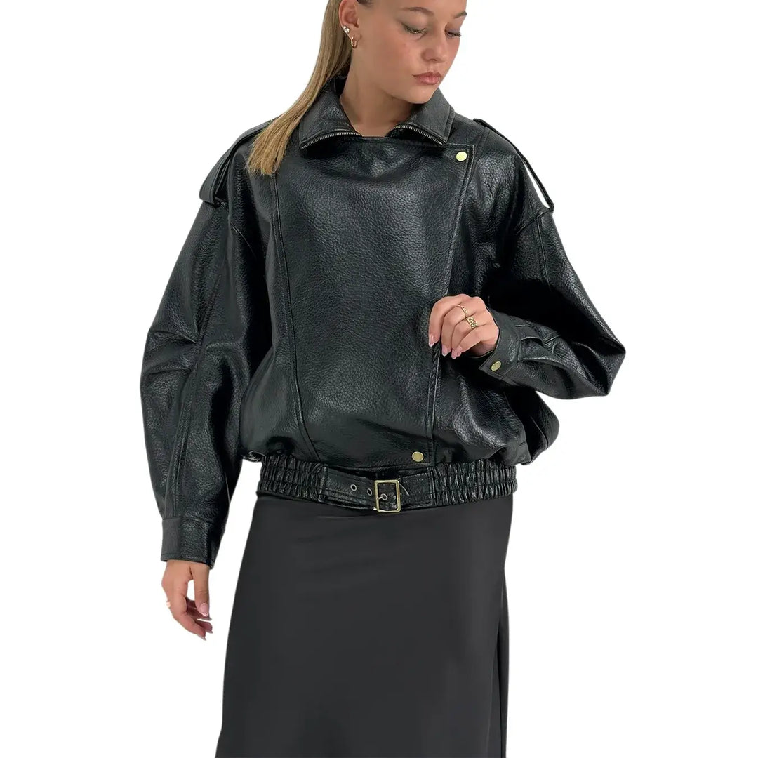 Bassini Bomber Donna Nero Oversize in Ecopelle Effetto Dollaro con Zip e Cintura in Vita