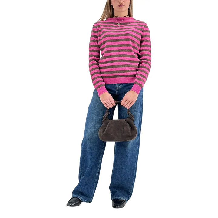 Bassini Maglia Donna Fucsia a Righe Cioccolato Girocollo Oversize con Maniche Lunghe