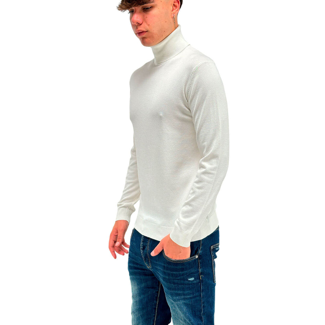 MarKup Men's Sweater, High Neck, Long Sleeve, Mixed Fabric, White