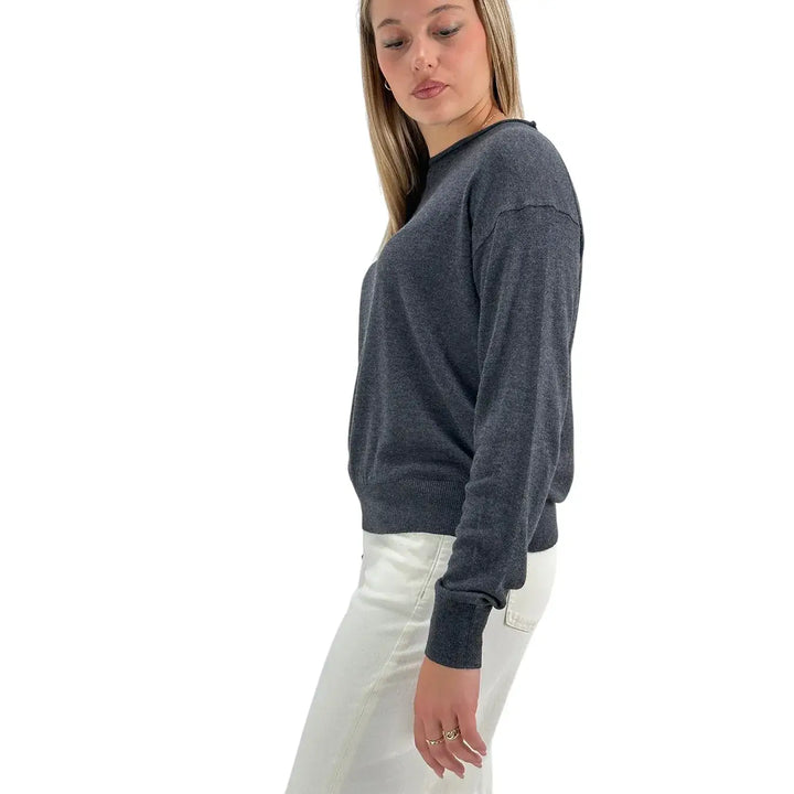 Bassini Maglia Donna Antracite Crop Over con Girocollo Orlato e Maniche Lunghe