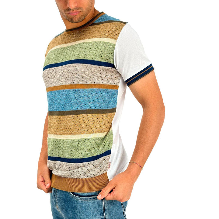 Bob Benny Men's Shirt, T-Shirt, Round Neck, Stripes, Cotton and Linen, Multicolour