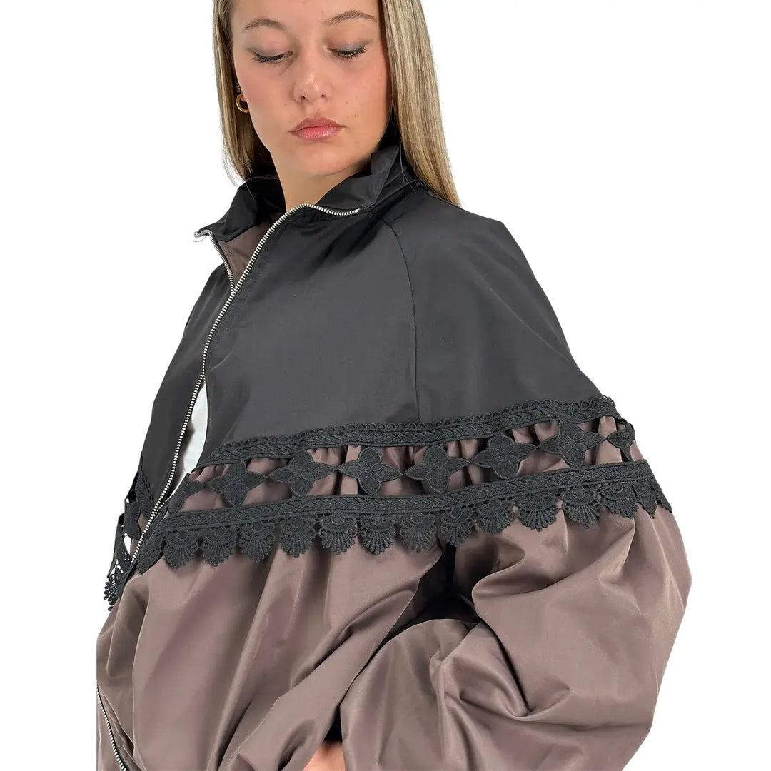 Bassini Bomber Donna Cioccolato Oversize con Inserti in Pizzo Nero e Polsini a Sbuffo