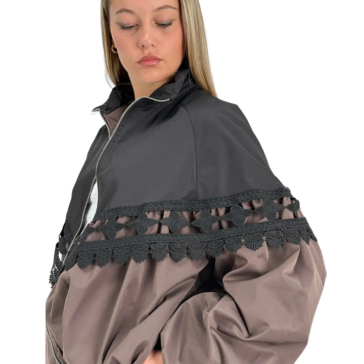 Bassini Bomber Donna Cioccolato Oversize con Inserti in Pizzo Nero e Polsini a Sbuffo