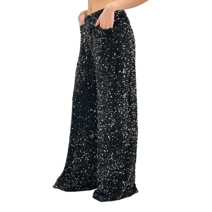 Motel Pantaloni Donna, Full Paillettes e Lurex, Svasato, Nero