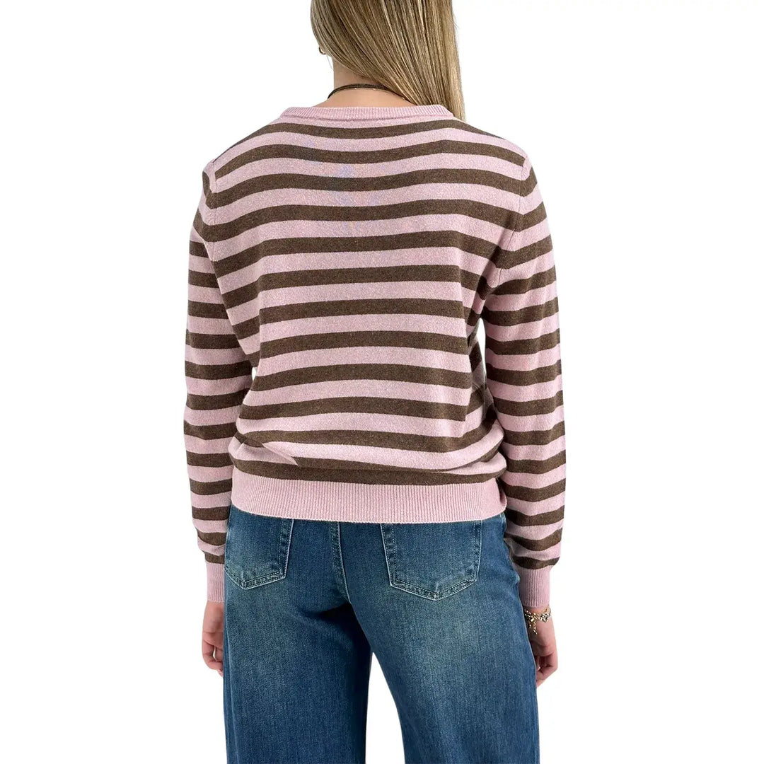 Bassini Maglia Donna Rosa a Righe Cioccolato Girocollo Oversize con Maniche Lunghe