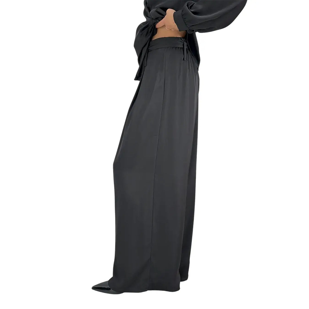 Bassini Pantaloni Donna Palazzo Nero Oversize con Elastico in Vita e Cintura a Fiocco