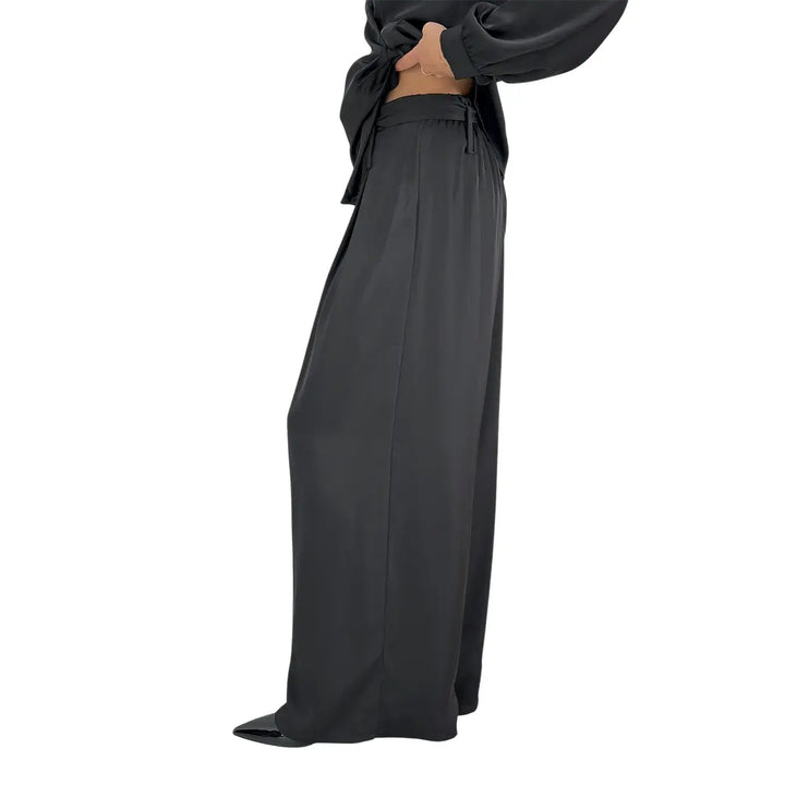 Bassini Pantaloni Donna Palazzo Nero Oversize con Elastico in Vita e Cintura a Fiocco