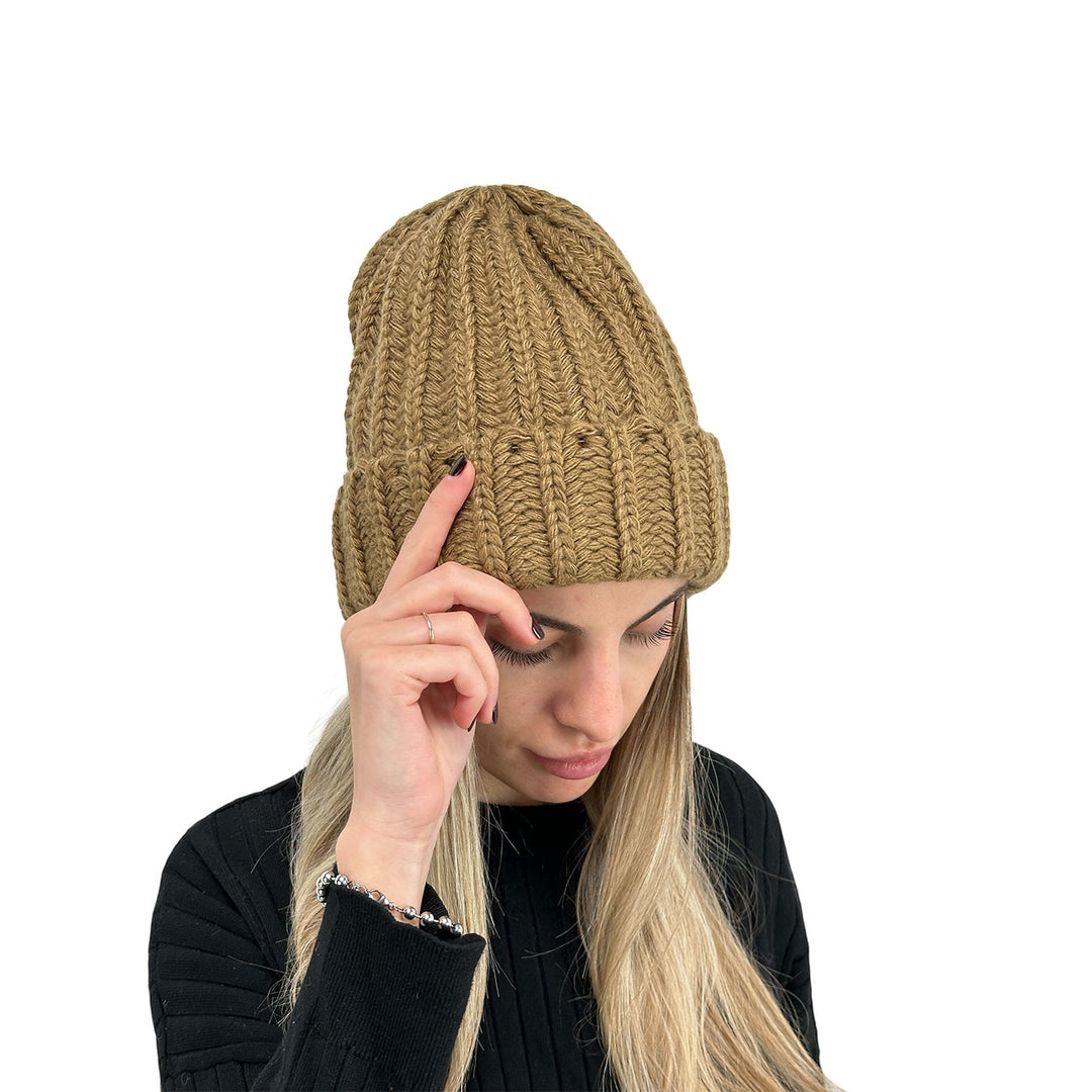 Bassini Cappello Donna, Coste, Risvolto, Tricot, Beige