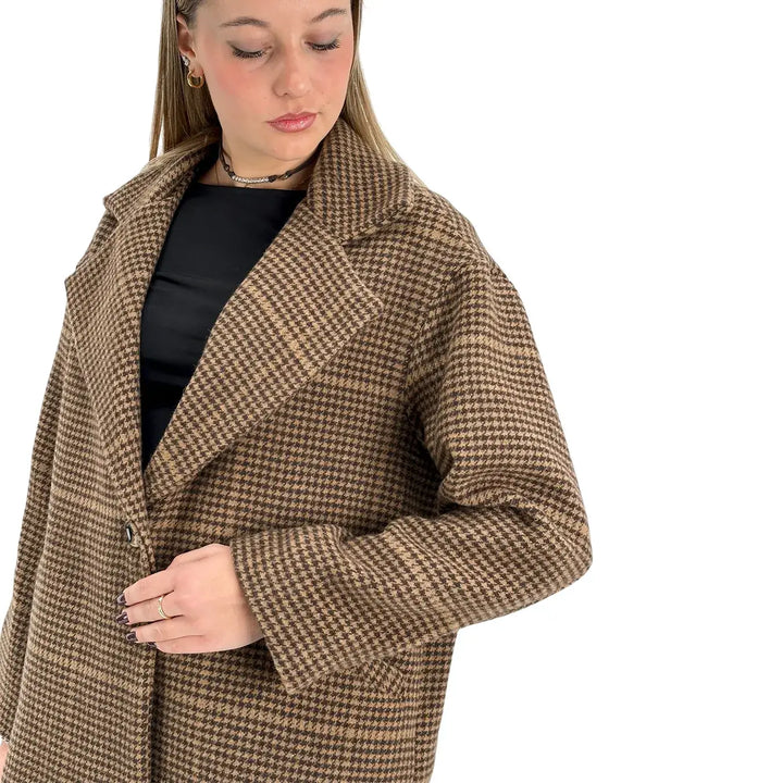 Bassini Cappottino Donna Corto Marrone Pied de Poule Oversize con Un Bottone