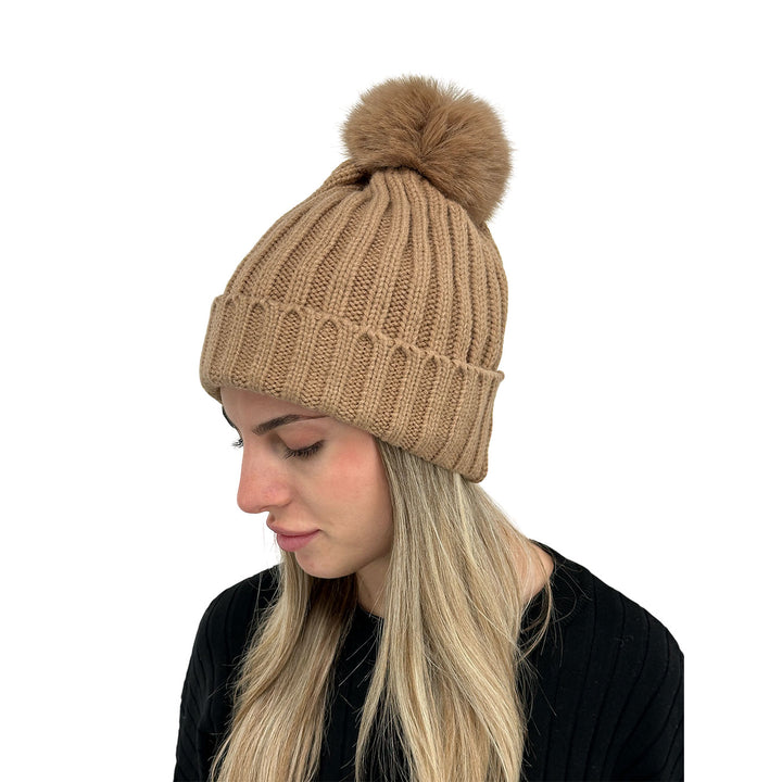 Bassini Cappello Donna, Cuffia, Pompon, Tricot, Beige