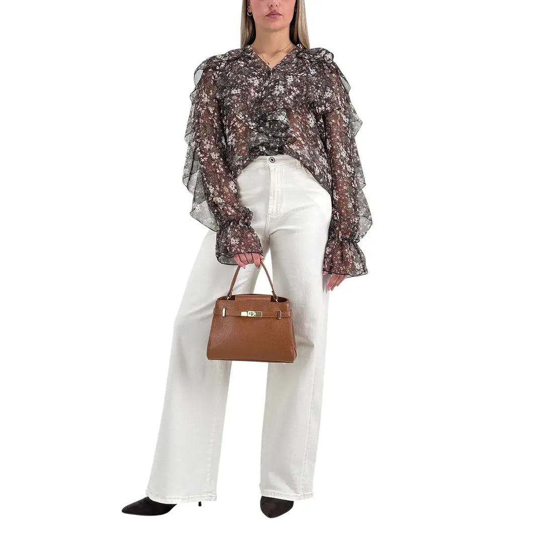 Bassini Camicia Donna Floreale Moro con Scollo V e Ruches su Maniche e Spalle