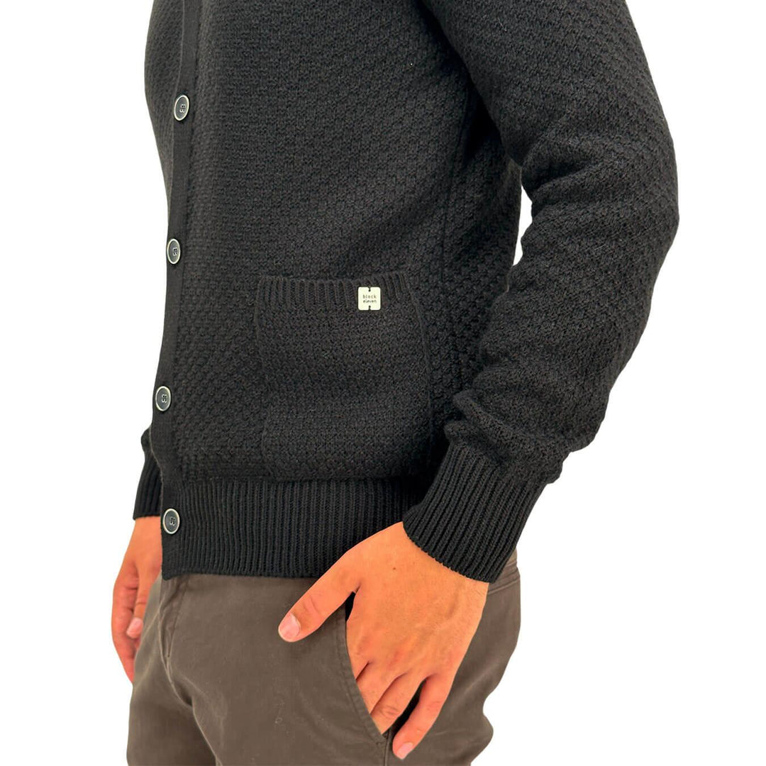 BL.11 Block Eleven Men's Sweater, Cardigan, Classic Collar, Wool, Black