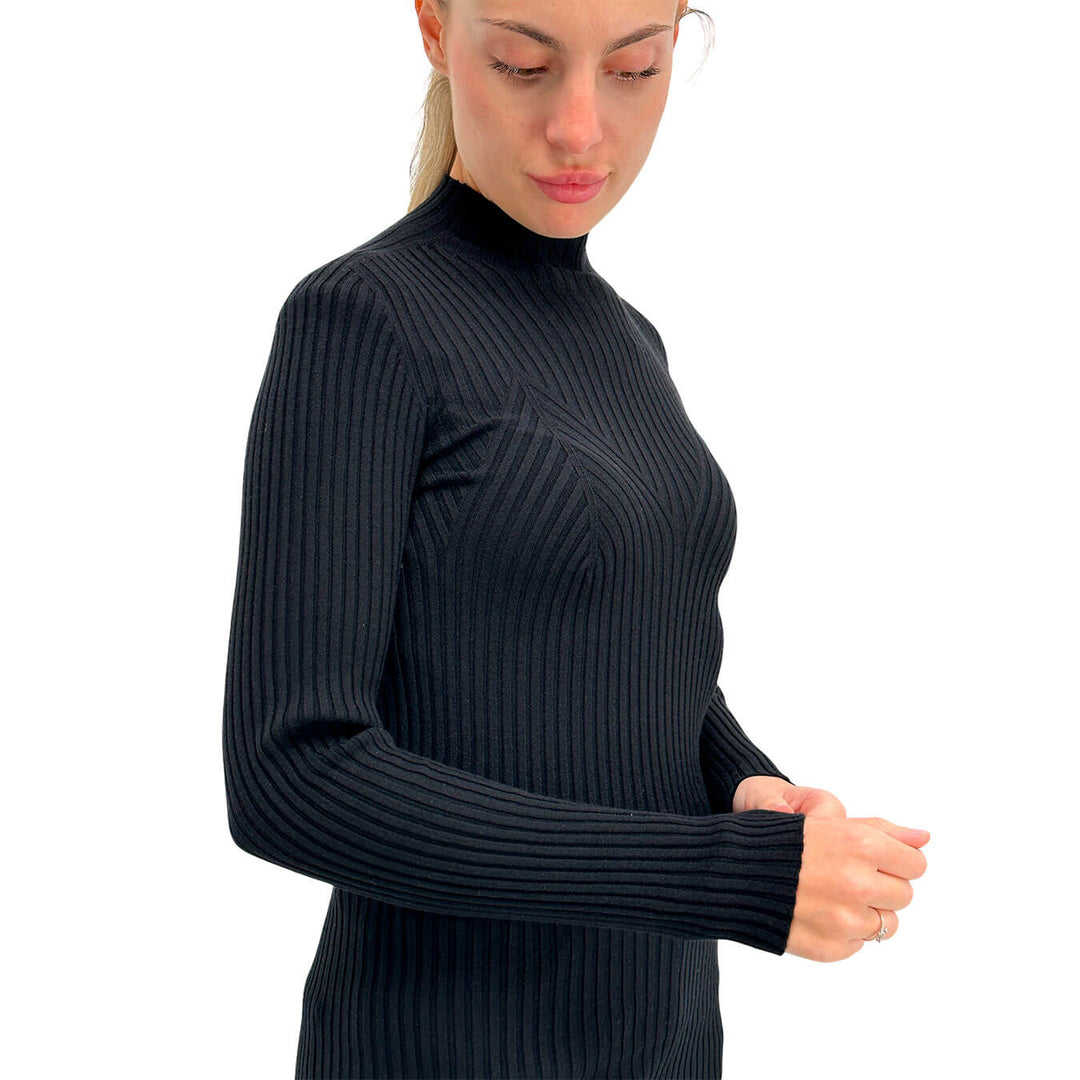 Kontatto Women's Sweater, Turtleneck, Fine Ribs, Mixed Fabric, Black