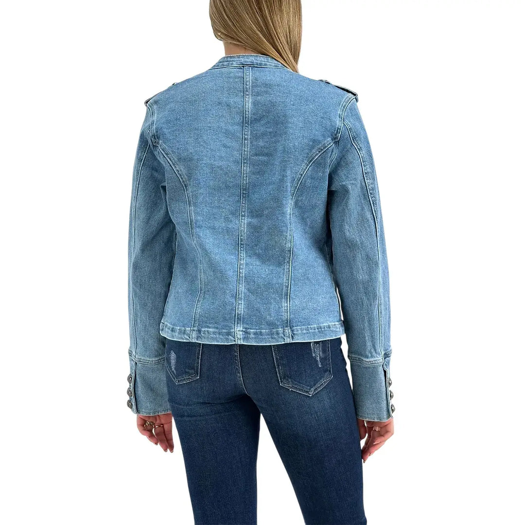 Bassini Giacca Donna Blu Chiaro in Denim Stile Napoleonico Slim con Maniche Lunghe