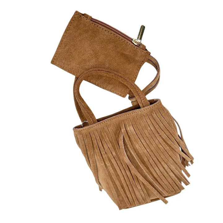 Bassini Borsa Donna Mini in Pelle Scamosciata con Due Manici, Tracolla Rimovibile e Frange Cognac