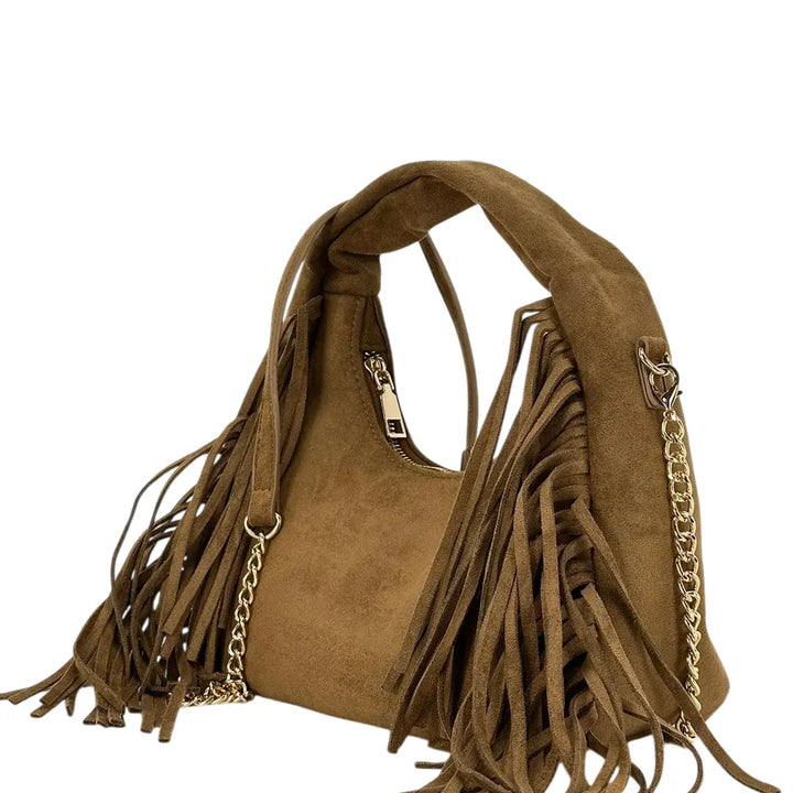 Bassini Borsa Donna in Ecopelle Kaki a Spalla con Frange Laterali e Tracolla Catena Rimovibile