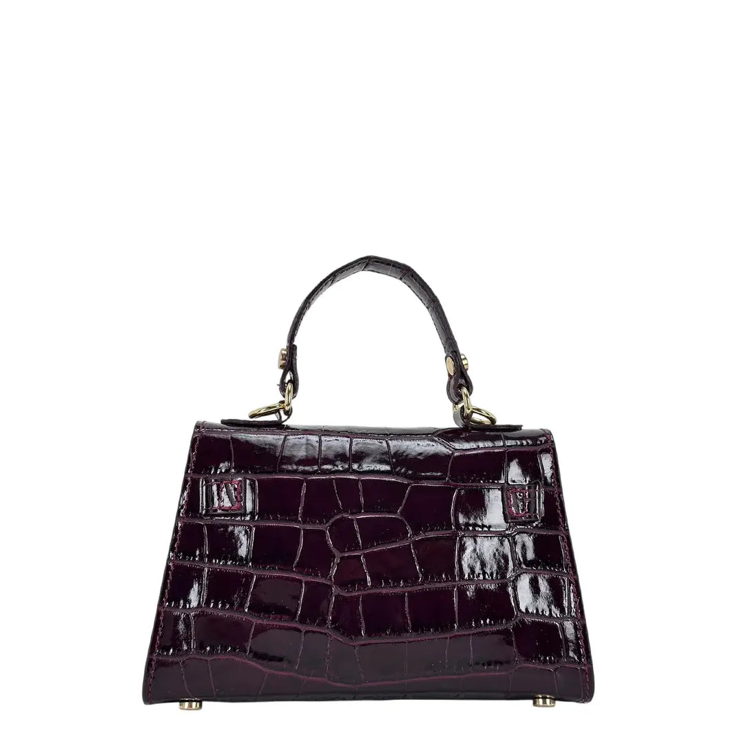 Bassini Borsa Donna Piccola in Pelle Bordeaux Stampa Cocco con Maniglia Centrale e Tracolla Rimovibile