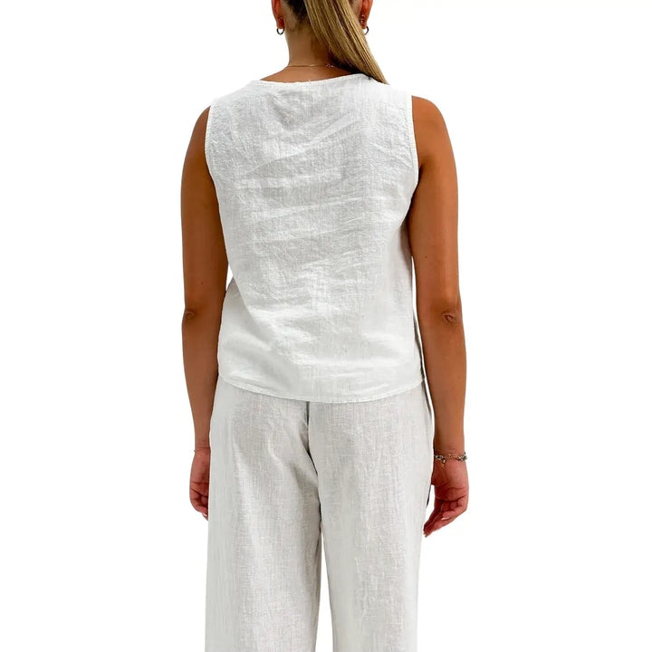 Bassini Camicia Donna Bianca Smanicata in Lino e Cotone con Bottoni e Collo a V