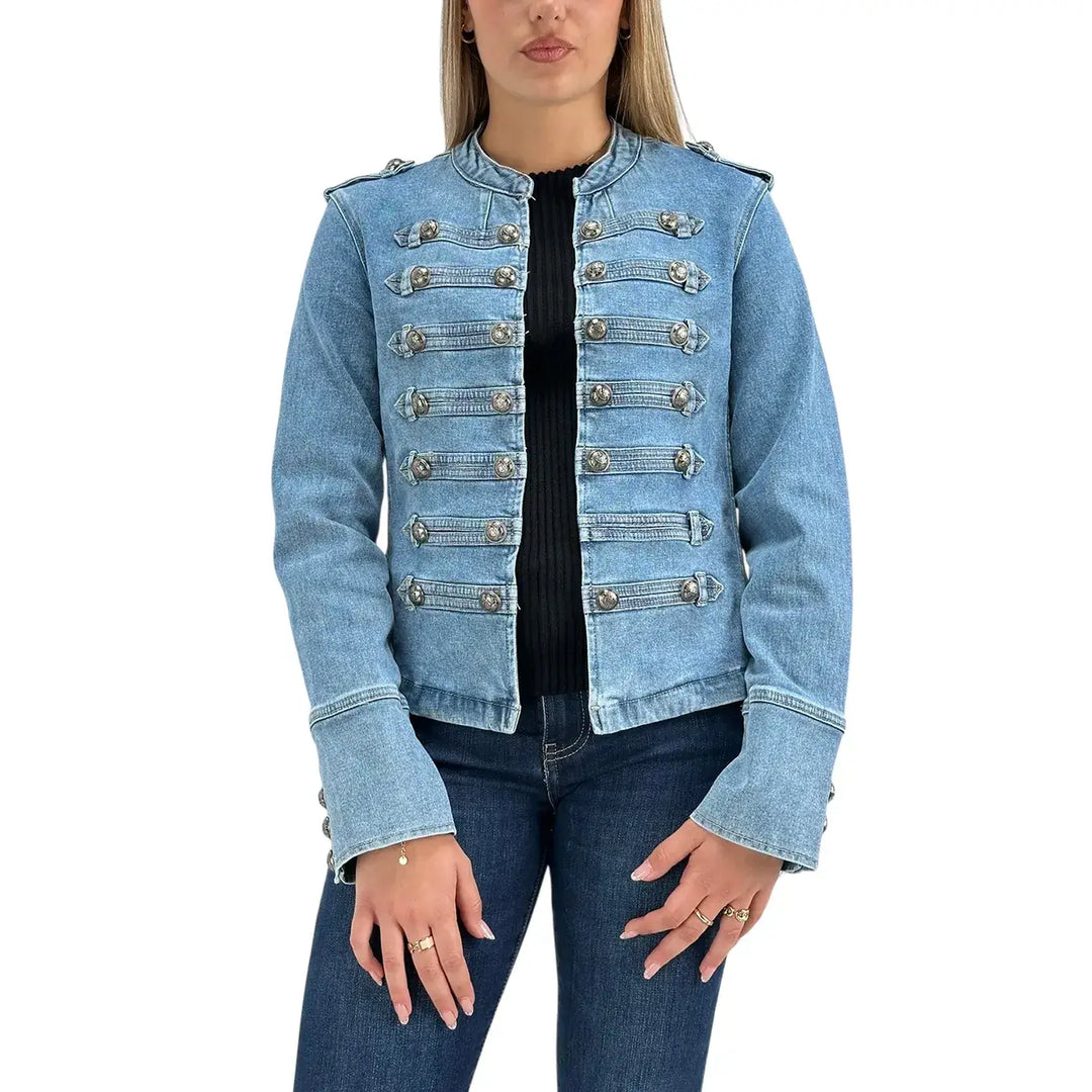 Bassini Giacca Donna Blu Chiaro in Denim Stile Napoleonico Slim con Maniche Lunghe