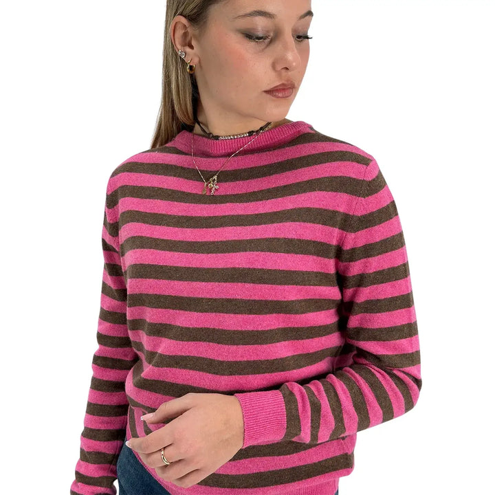 Bassini Maglia Donna Fucsia a Righe Cioccolato Girocollo Oversize con Maniche Lunghe