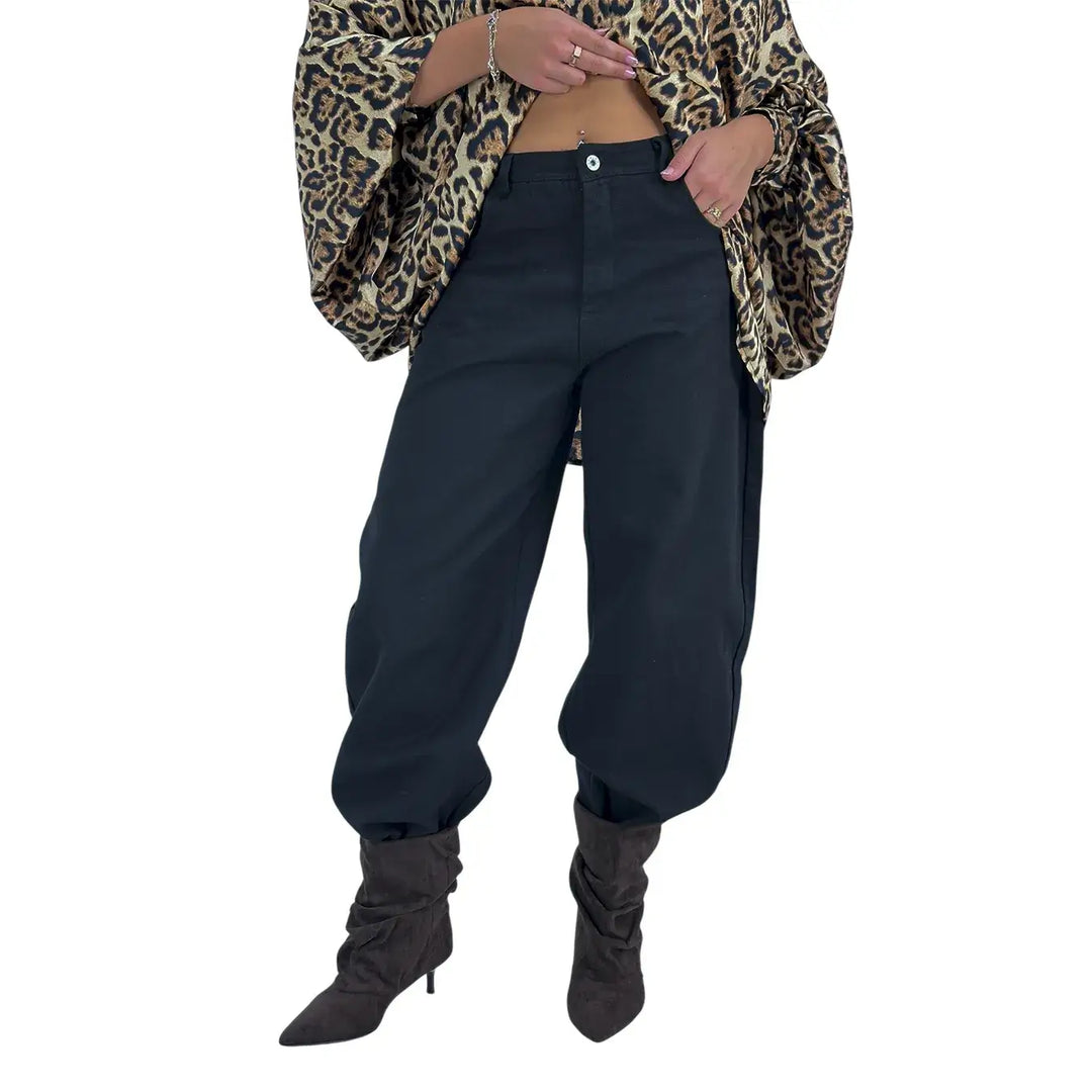 Bassini Pantaloni Donna Banana Nero in Bull di Cotone Oversize a Cinque Tasche