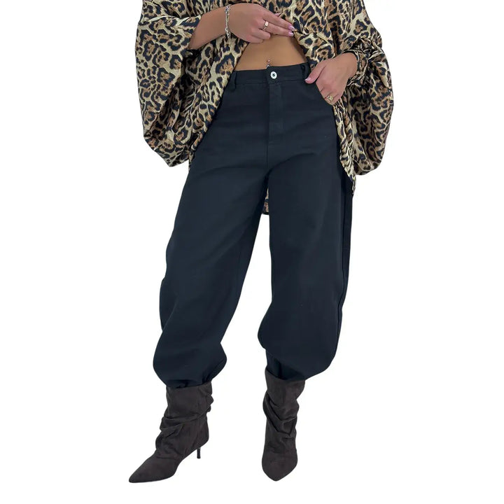 Bassini Pantaloni Donna Banana Nero in Bull di Cotone Oversize a Cinque Tasche