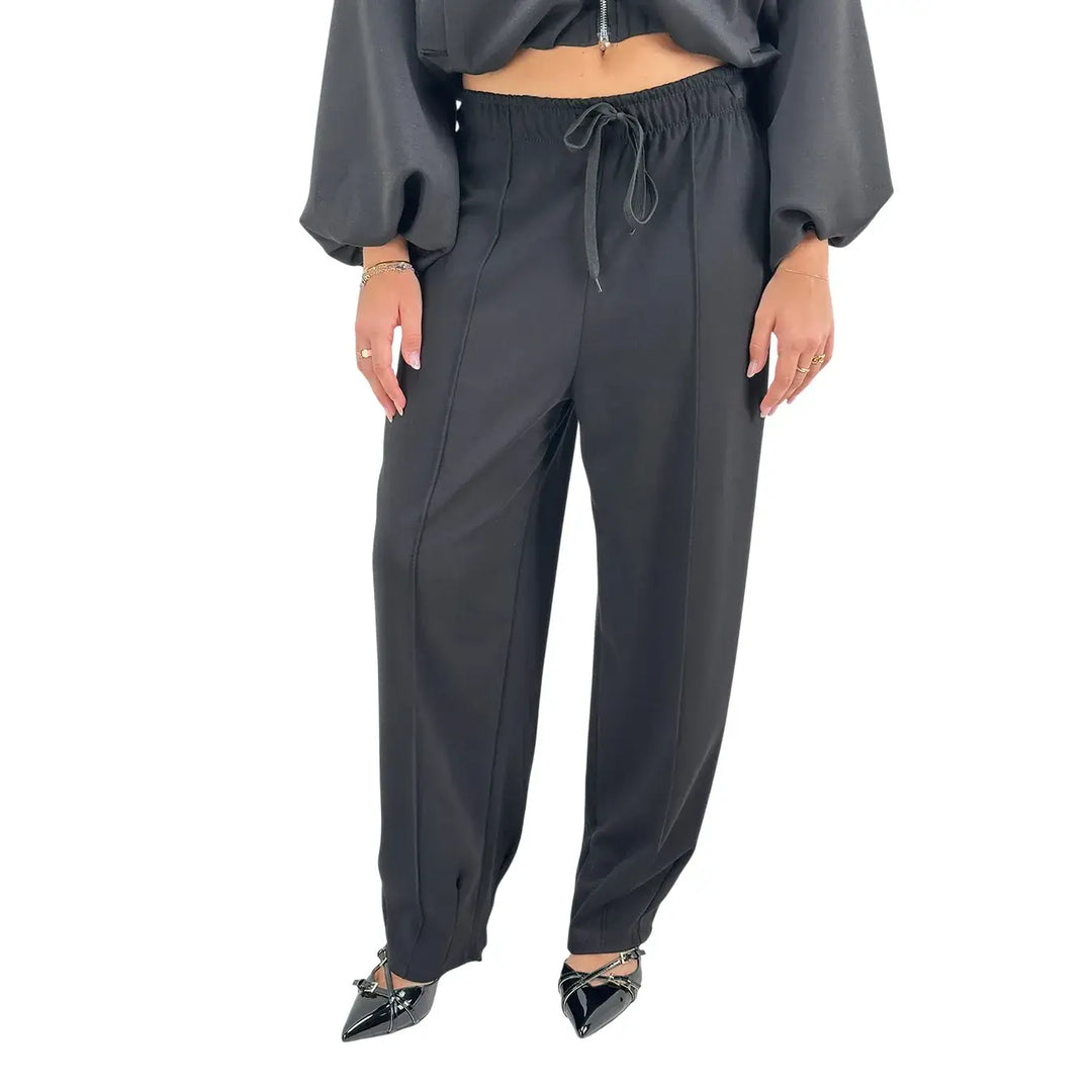 Bassini Pantaloni Donna Neri in Felpa Dritti Over con Coulisse e Tasche Laterali