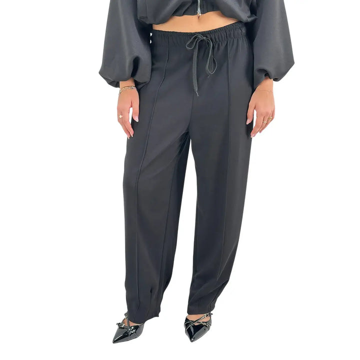 Bassini Pantaloni Donna Neri in Felpa Dritti Over con Coulisse e Tasche Laterali