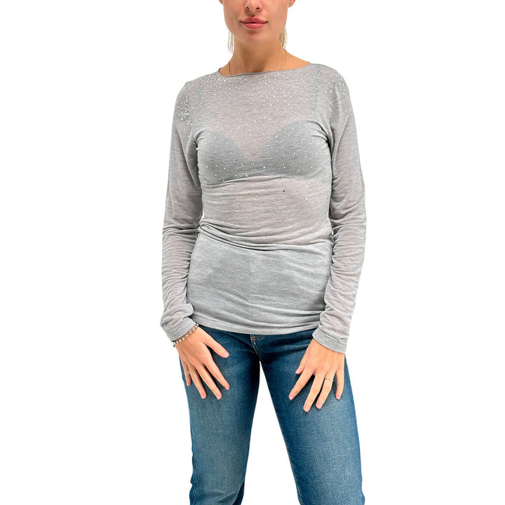 Women's Knitted Tension, Long Sleeve, Rhinestone, Viscose, Grey