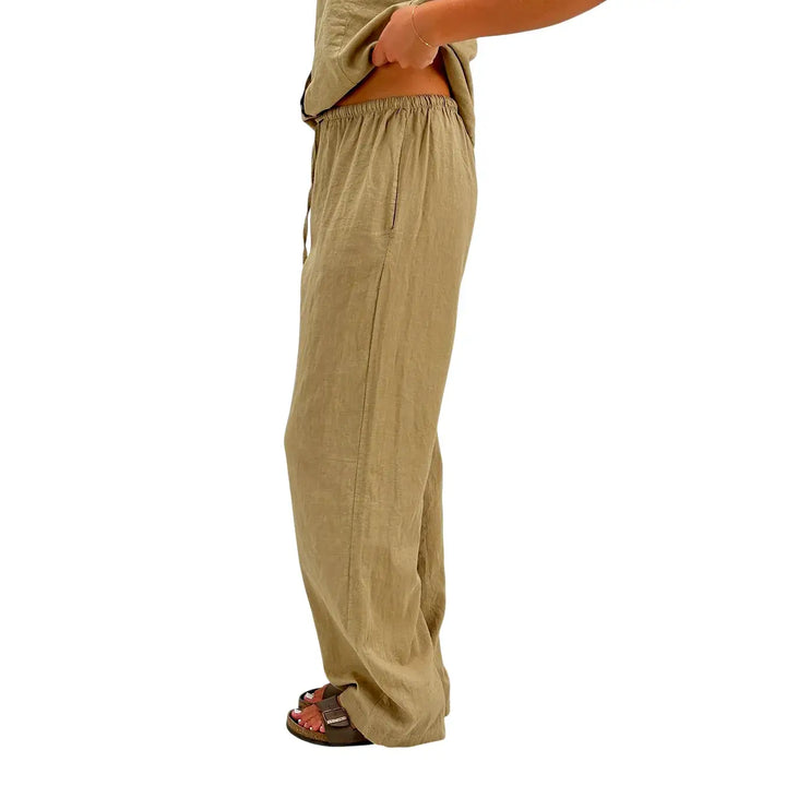 Bassini Pantaloni Donna Fango Palazzo in Lino e Cotone con Coulisse in Vita