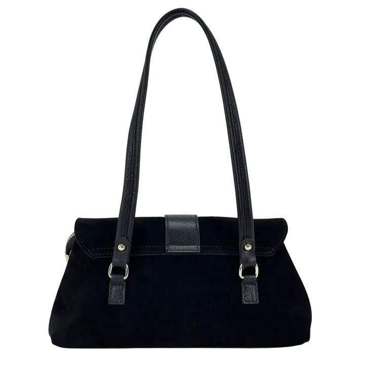 Bassini Borsa Donna in Pelle Scamosciata Nera con Borchie Oro, Patta con Fibbia Magnetica e Tracolla Rimovibile