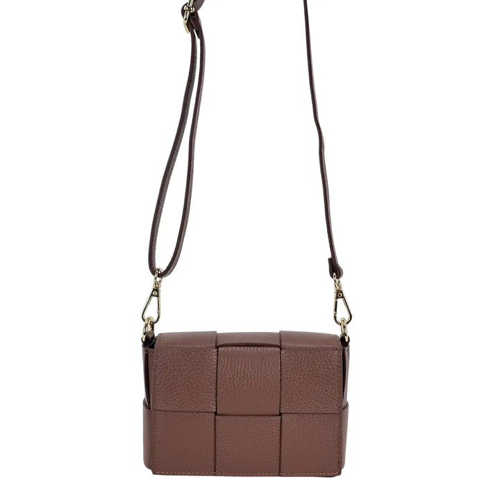 Bassini Borsa Donna Piccola in Pelle Castagna Intrecciata con Tracolla Rimovibile e Patta Magnetica