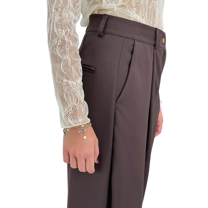 Bassini Pantaloni Donna Cioccolato Sartoriali a Gamba Larga con Doppia Pince e Tasche a Filo