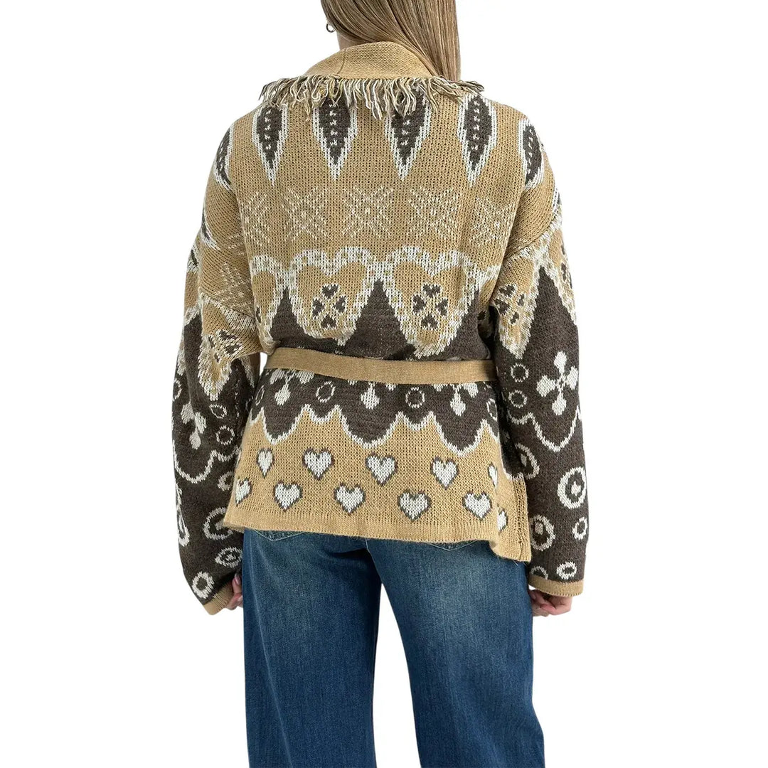 Bassini Maglia Donna Beige e Moro Aperta con Cintura in Maglia, Bordi Sfrangiati e Ricamo Cuori