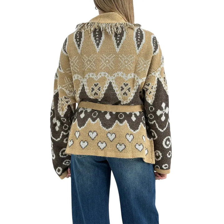Bassini Maglia Donna Beige e Moro Aperta con Cintura in Maglia, Bordi Sfrangiati e Ricamo Cuori