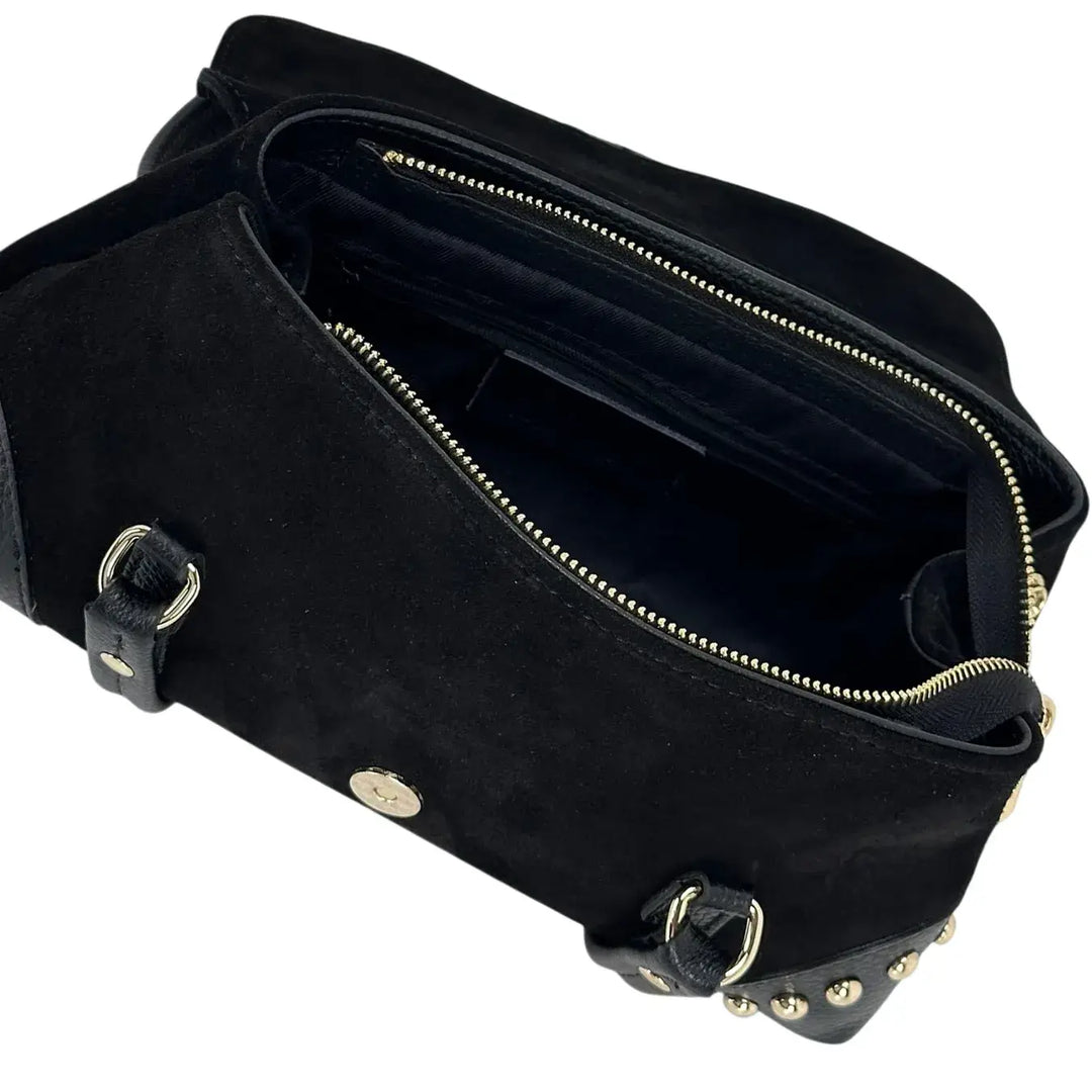 Bassini Borsa Donna in Pelle Scamosciata Nera con Borchie Oro, Patta con Fibbia Magnetica e Tracolla Rimovibile