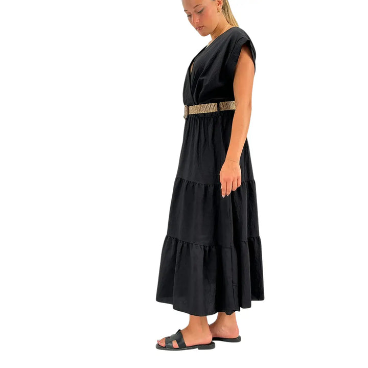 Bassini Abito Donna Nero in Mussola con Scollo V Elastico in Vita e Cinta Intrecciata