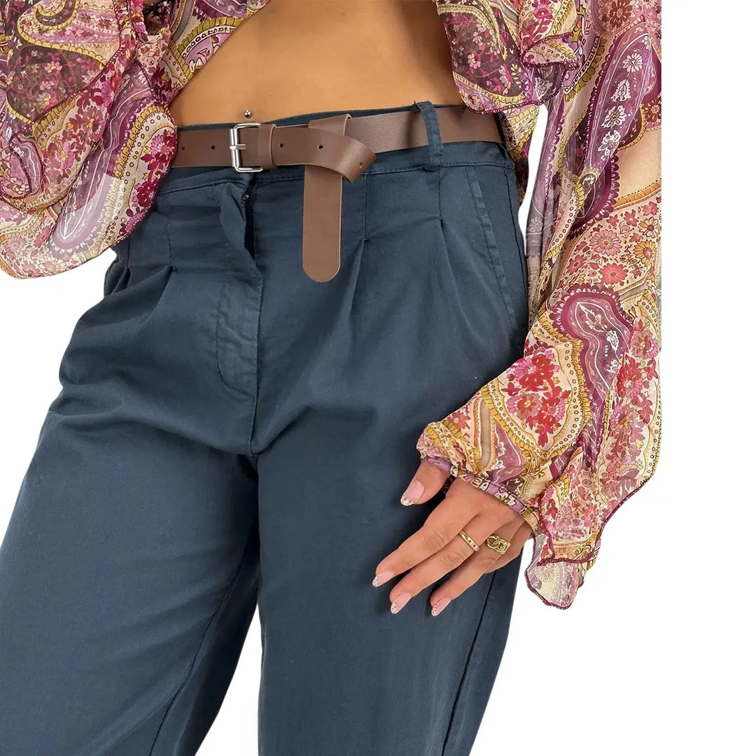 Bassini Pantaloni Donna Petrolio Oversize con Doppia Pence, Elastico in Vita e Cintura