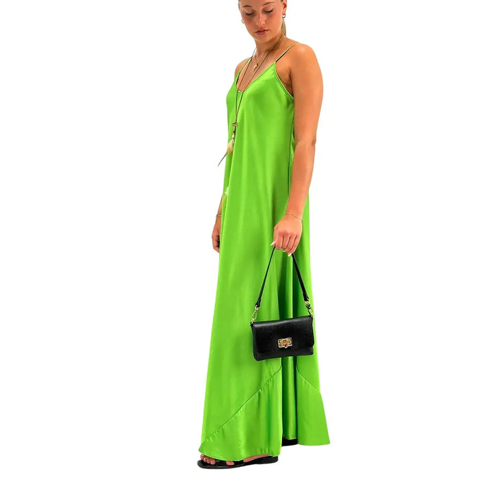 Bassini Abito Donna Verde Prato Sottoveste con Spallini e Collana Piuma Inclusa