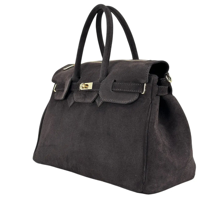 Bassini Borsa Donna in Pelle Scamosciata Cioccolato con Doppi Manici, Tracolla Rimovibile e Chiusura con Zip
