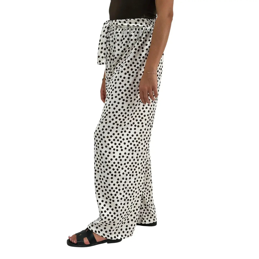 Bassini Pantaloni Donna Avorio con Pois Marroni, Cintura a Fiocco e Tessuto Fluido