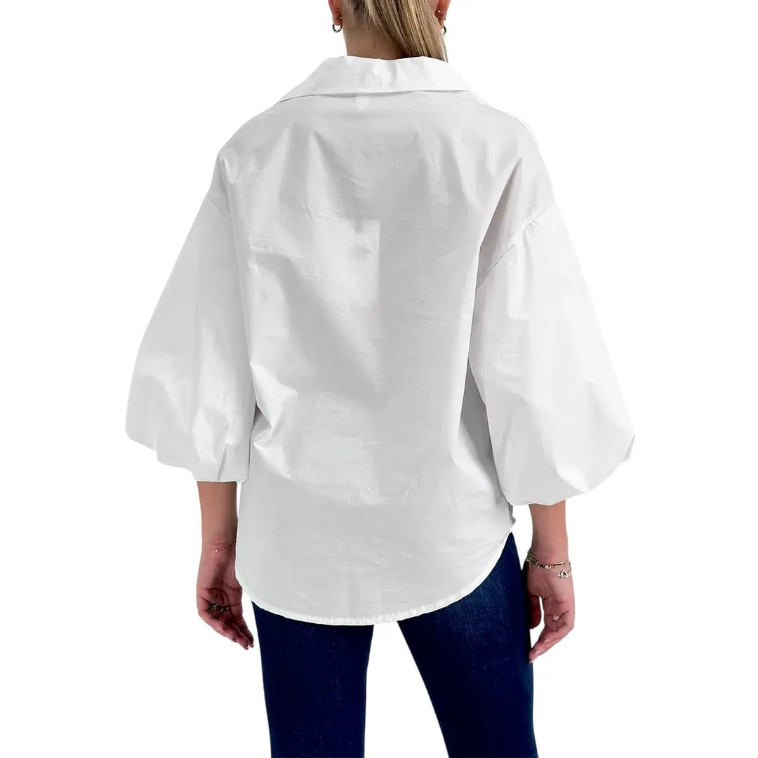 Bassini Camicia Donna Bianca Oversize in Cotone con Maniche a Palloncino 3/4