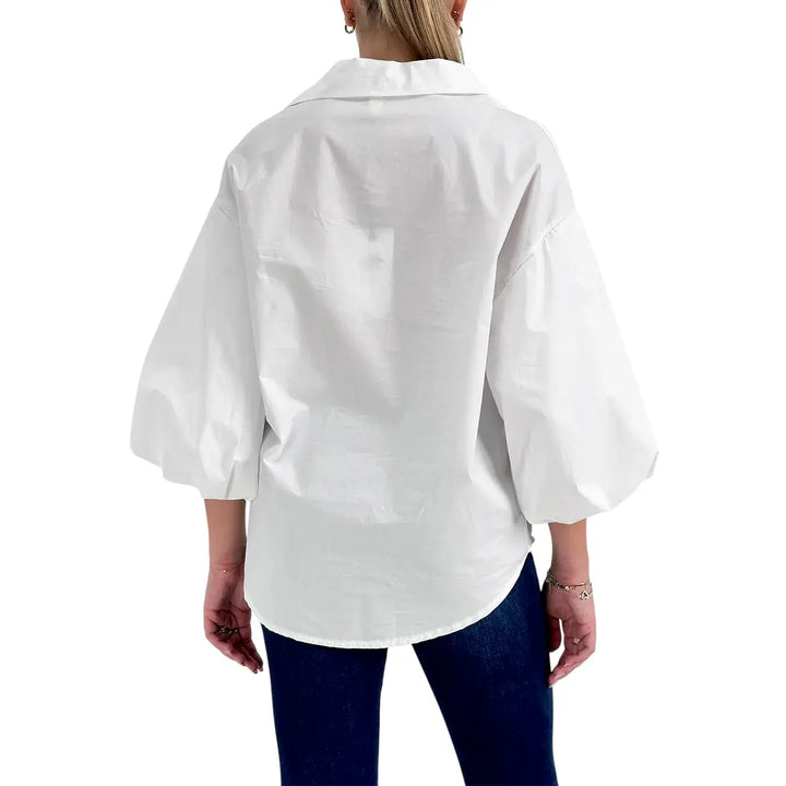 Bassini Camicia Donna Bianca Oversize in Cotone con Maniche a Palloncino 3/4