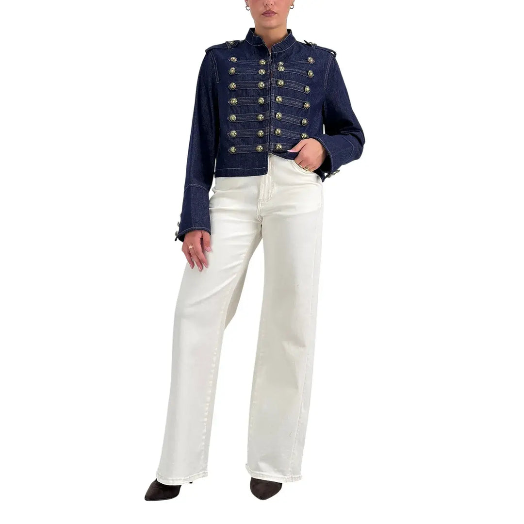 Bassini Giacca Donna Blu Denim Stile Militare Napoleone con Bottoni Color Oro Antico